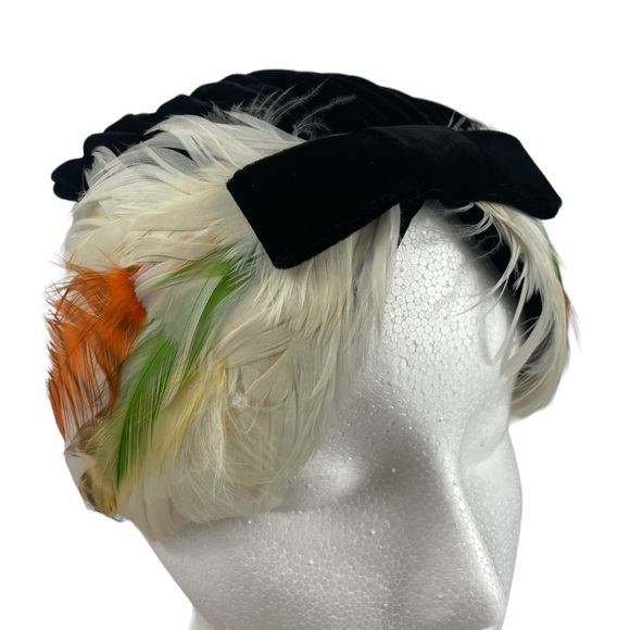 Vintage Flapper Casque Pheasant Feather Black Velvet Hat Cap Lace Lined La Vogue main image 8